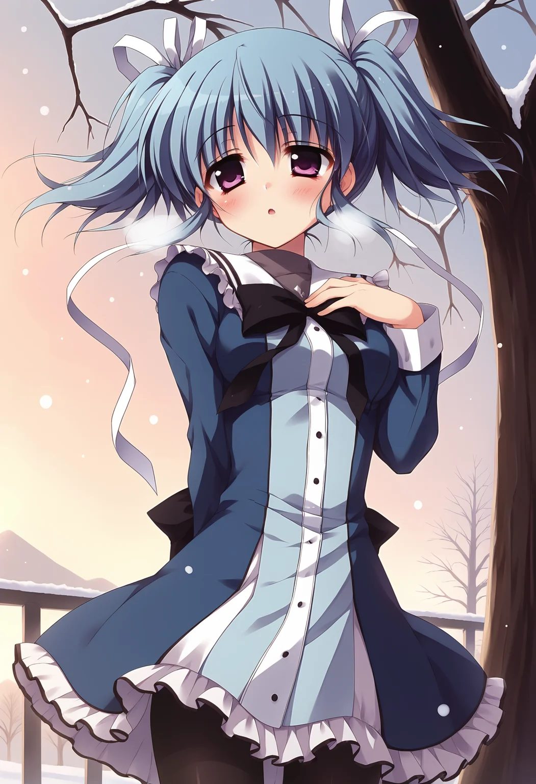 score_9, score_8_up, score_7_up BREAK
source_anime, rating_safe, dutch angle, outdoors, sunset, bare tree, winter, snowing, snowflakes, cold, breath, wind, floating hair, wind lift, hand on own chest, narrowed eyes, big eyes, blush, open mouth, parted lips, solo, 1girl, mssakuno, blue hair, short hair, short twintails, hair ribbon, purple eyes, medium breasts, school uniform, blue dress, long sleeves, frills, ribbon, black pantyhose <lora:mashirosakuno_epoch_7:0.7>