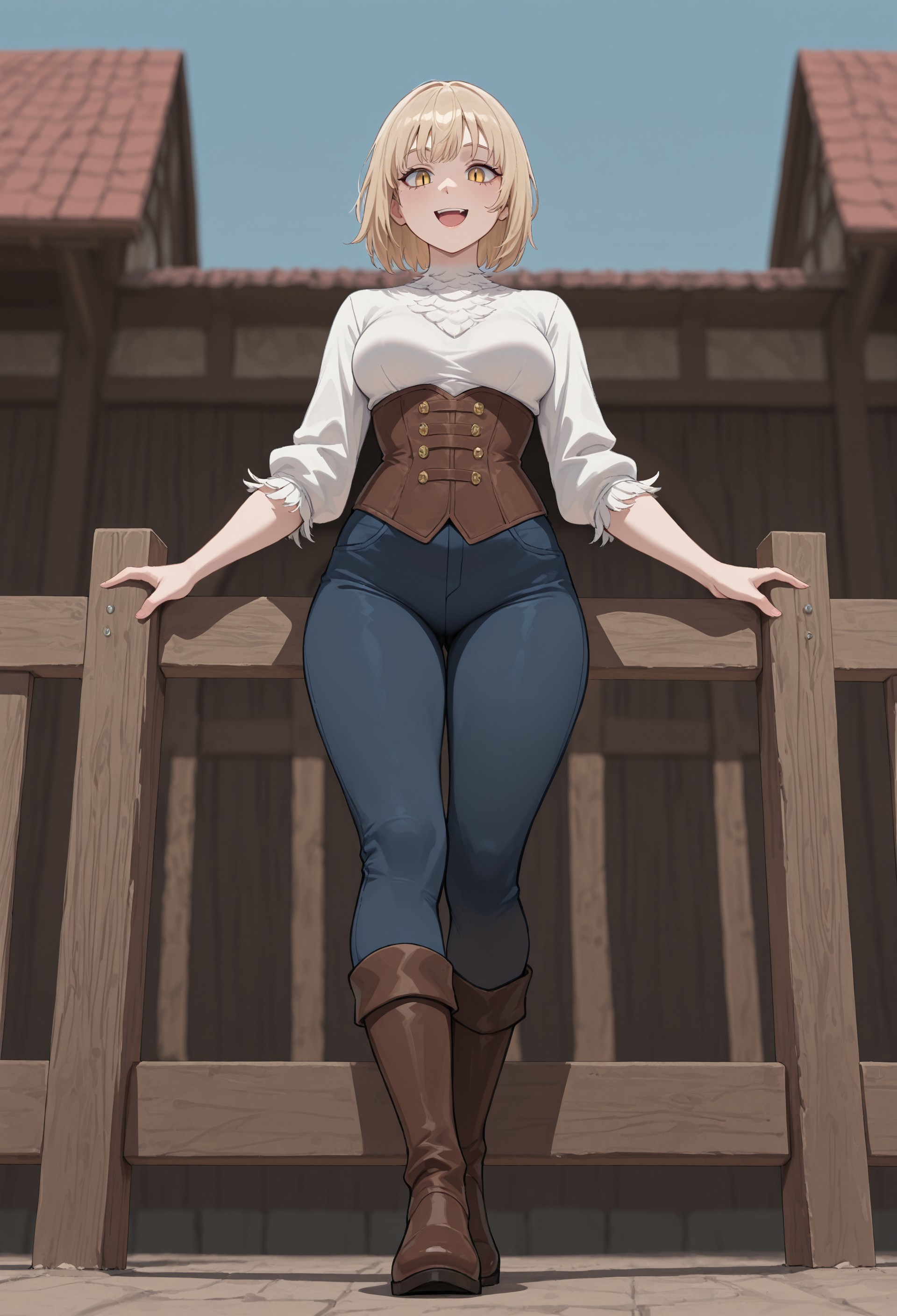 masterpiece, best quality, amazing quality, very aesthetic, absurdres, HalfChimeraFalin, alternate species, 1girl, solo, female focus, blonde hair, short hair, slit pupils, yellow eyes, medium breasts, whtie feathers, white shirt, brown corset, blue pants, brown boots, standing, :D, fence, blue sky, perspective
