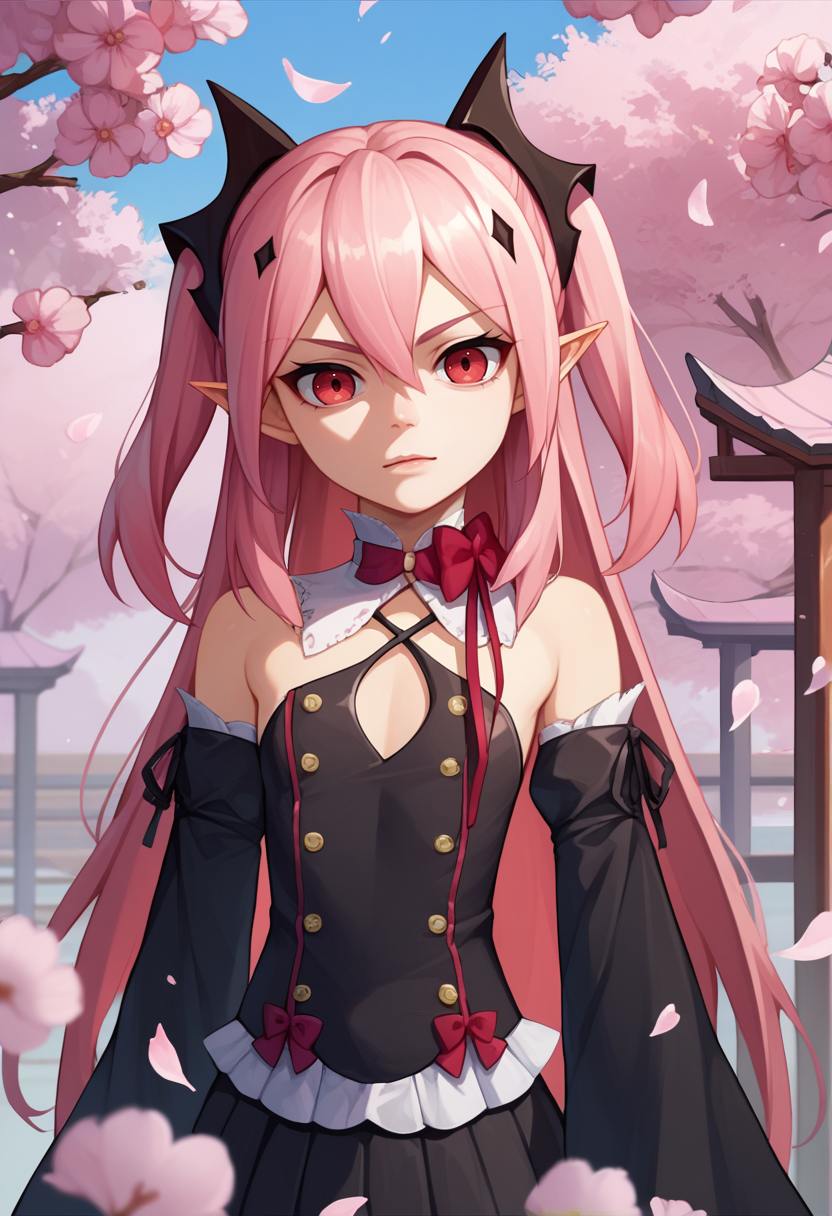 score_9, score_8_up, score_7_up, source anime,  Krul, two side up, pink hair, red eyes, pointy ears  hair ornament, bowtie, detached sleeves, detached collar, black dress, black skirt, looking at viewer, cherry blossoms,    <lora:Krul Lora-000009:1>