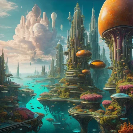 underwater futuristic city, fantasy, legendary, otherworldly landscape, bright colors, intricate details, surreal elements, clouds, empty scene