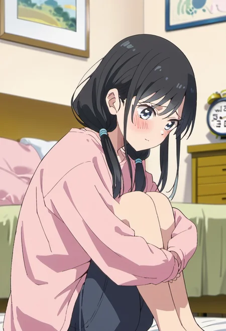 score_9, score_8_up, score_7_up, source_anime,nanakura rin, black hair, blue eyes, long hair, 1girl, solo, twintails, indoors, blush, clock, bedroom, bed, sitting, low twintails, pink shirt, hugging own legs