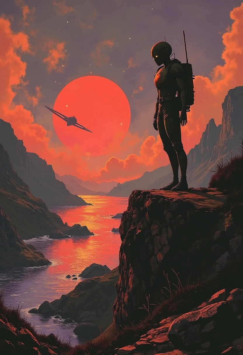 a retro 50s style robot stands on a cliff overlooking the ocean, a large planet with rings can be seen in the sky, sunset, the sky is a faded red and purple, mountains in the distance