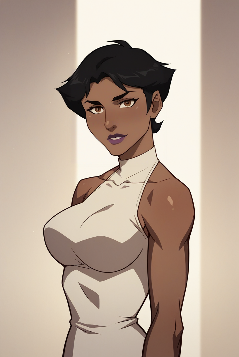 <lora:Clothes _ WW White Dress_epoch_10:1> wwwdress, bare shoulders, halterneck dress, turtleneck, white dress BREAK
<lora:MariMcCabepony:1>  vx_casual, black hair, brown eyes, short hair, dark-skinned female, lipstick, purple lips, large breasts, shiny skin, looking at viewer, 16k, masterpiece, absurdes, highly detailed, highres, high quality, best quality, score_9, score_8_up, score_7_up, score_6_up