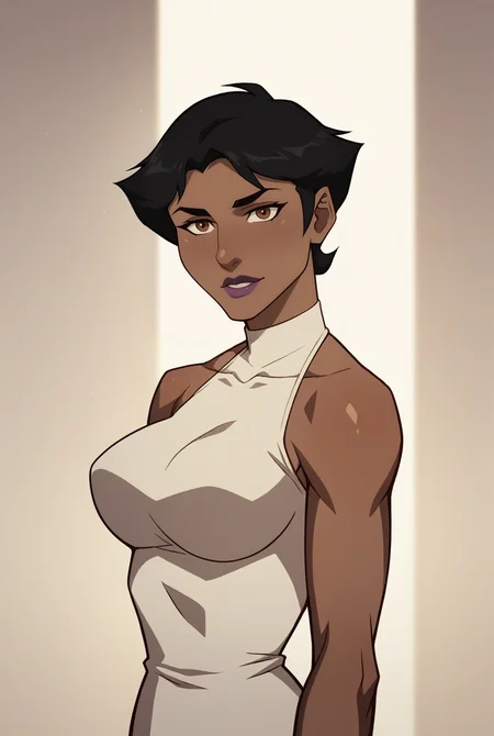 <lora:Clothes _ WW White Dress_epoch_10:1> wwwdress, bare shoulders, halterneck dress, turtleneck, white dress BREAK
<lora:MariMcCabepony:1> vx_casual, black hair, brown eyes, short hair, dark-skinned female, lipstick, purple lips, large breasts, shiny skin, looking at viewer, 16k, masterpiece, absurdes, highly detailed, highres, high quality, best quality, score_9, score_8_up, score_7_up, score_6_up