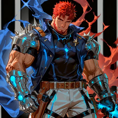 <lora:Hugo__Alchemist_code-000003:.7>, tagatamehugo, 1boy, red hair, spiked hair, bangs, orange eyes, solo, male focus, manly, bara, muscle body, mature male,, sleeveless coat, short sleeve shirt, belt, armor, gloves, glowing, holster, pants, boots,
cowboy shot, 
(very short hair, beard, bara, mature, facial hair, stubble, beard, full beard, sideburn, beard, a lot of beard, ), facial hair,male focus, muscular male, muscular male, bara, mature,  bara, mature, aixiwuganda_(20222192), very awa, masterpiece, best quality, absurdres, newest, perfect quality, detailed background, intricate details,
<lora:slider_Body Type_alpha1.0_rank4_noxattn_last:3><lora:Anime Summer Days 2 Style SDXL_LoRA_Pony Diffusion V6 XL:.6><lora:slider_cfg_scale_boost:.7><lora:Artist6p:.55>, Artist6p, Artist04p,<lora:slider_il_brightness_slider_d1:-1><lora:slider_il_contrast_slider_d1:-1><lora:slider_DarkSlider1.2_alpha1.0_rank16_full_300steps:-.6><lora:slider_contract_controller_illus01_v1:.5>,