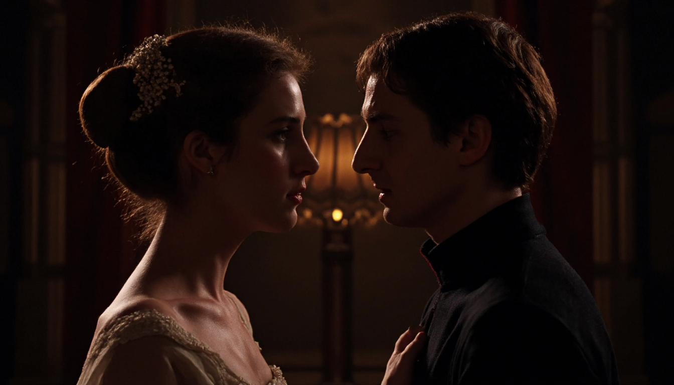 cinematic close-up shot of  two ballet dancers, a woman dressed in white and a man dressed in black on stage, facing each other. The stage is completely dark with a lamp pointing at the dancers from the background. Backlighting with warm artificial light, showing the dancers as a silhouette. High resolution. 2000s movie <lora:dark_cinematic-000080:1>