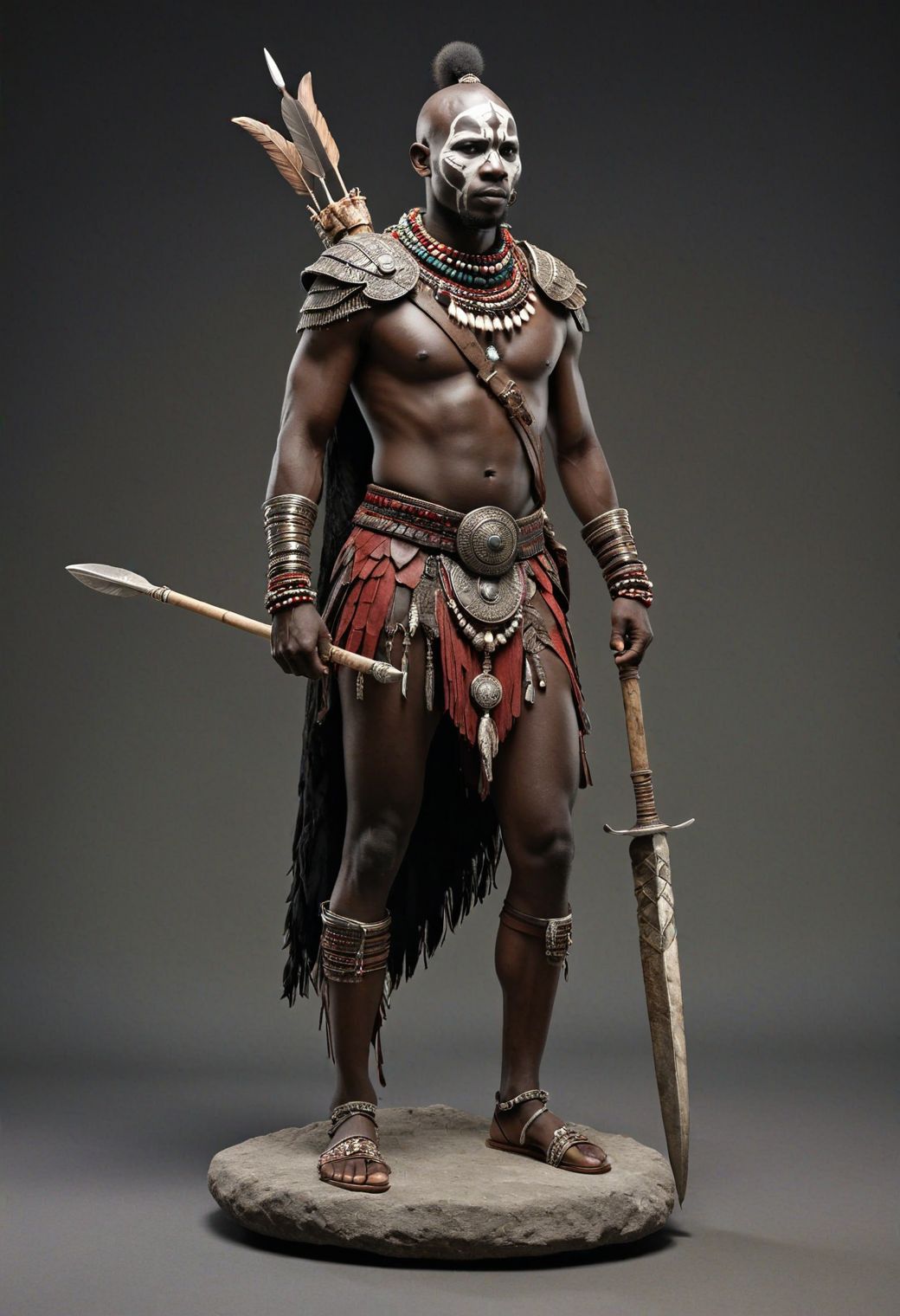 fully covered african masai warrior in a fur and bone and spear, 1man standing,(full body:1.5), hero pose,exaggerated proportions, intricate character design, sense of nostalgia, exaggerated features, memorable look, consistent, coherent, captivating, (clear eyes:1.2), (highly detailled eyes:1.2), highly detailled hands, detailled floor, textured socle, dusty ground, intricate shoes, master piece, intricate, master piece, intricate, (simple background, black background:1.5), rim lighting, dimlight,"detailed skin texture, highly detailled fabrics, precise linen, precise bump textures, absurd res textures, high glossy, perfect reflection, intricate surfaces, subsurface scattering, ambiant occlusion, subtle scratchs, imperfections, soft shadow, insane detail, detailled stitches and sews, intricate leather"