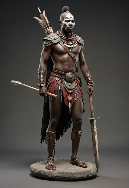 fully covered african masai warrior in a fur and bone and spear, 1man standing,(full body:1.5), hero pose,exaggerated proportions, intricate character design, sense of nostalgia, exaggerated features, memorable look, consistent, coherent, captivating, (clear eyes:1.2), (highly detailled eyes:1.2), highly detailled hands, detailled floor, textured socle, dusty ground, intricate shoes, master piece, intricate, master piece, intricate, (simple background, black background:1.5), rim lighting, dimlight,"detailed skin texture, highly detailled fabrics, precise linen, precise bump textures, absurd res textures, high glossy, perfect reflection, intricate surfaces, subsurface scattering, ambiant occlusion, subtle scratchs, imperfections, soft shadow, insane detail, detailled stitches and sews, intricate leather"