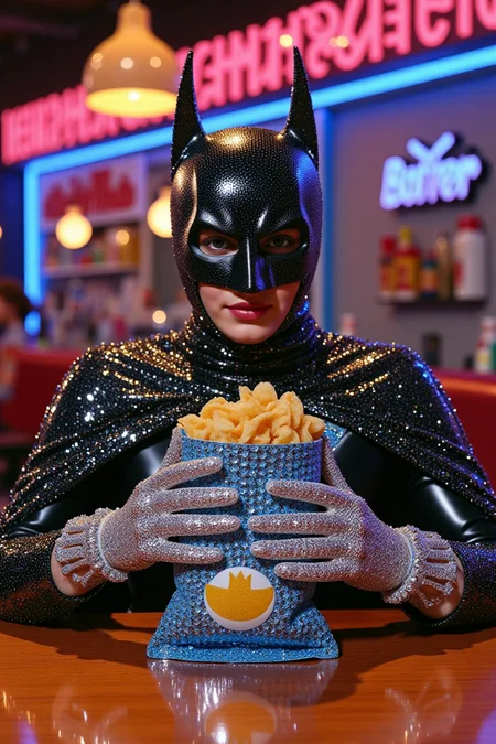 A vibrant raw photo of a batman , he is sitted on a brown table, the restaurant is made of sparkling material , he is holding a bag of chip, her gloves are made from shimmering, silver lined with extremely tiny blue crystals, avant-garde and premium photography