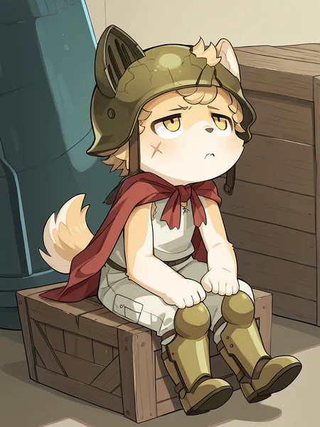 BREAK, <lora:Hack_Montblanc_Illustrious_V1:1>, Hack Montblanc, Fuga: Melodies of Steel, kemono, furry male, young male, 1boy, dog boy, scar on cheek, scar on leg, beige fur, white fur, multicolored fur, yellow eyes, blonde hair, short hair, animal ears, dog ears, dog tail, Fuga 2 appearance, tousled strands, fuller hair,
BREAK, looking up, bored, pout, narrowed eyes,
BREAK, Fuga 3 Outfit, metal boots, leg armor, gold bottomwear, white pants, white topwear, long red cape, brown helmet,
BREAK, solo, full body, sitting on crate,