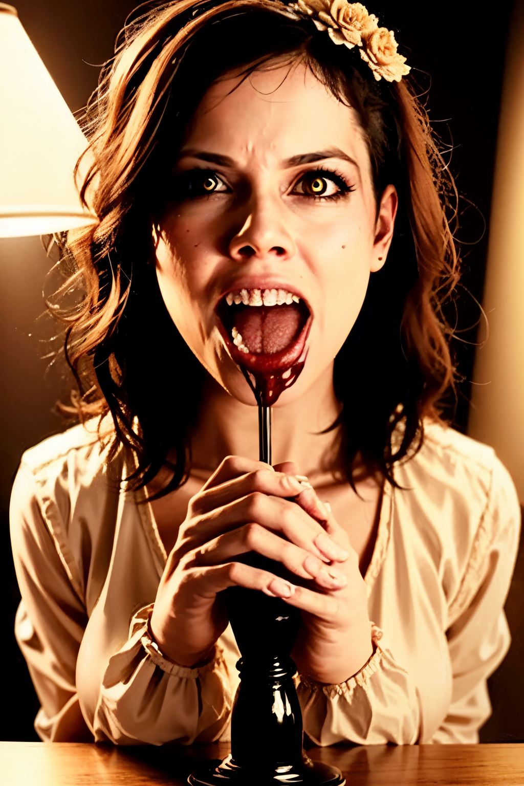 (Realistic:1.5) (masterpiece) (full body portrait)) horror blood on face vase, yellow eyes, desk lamp, short hair, nose, realistic, black background, brown hair, veil, fine art parody, facial mark, no pupils, holding, open mouth, tongue out, open mouth,   <lora:EdobHorror_v1.0:0.8>
