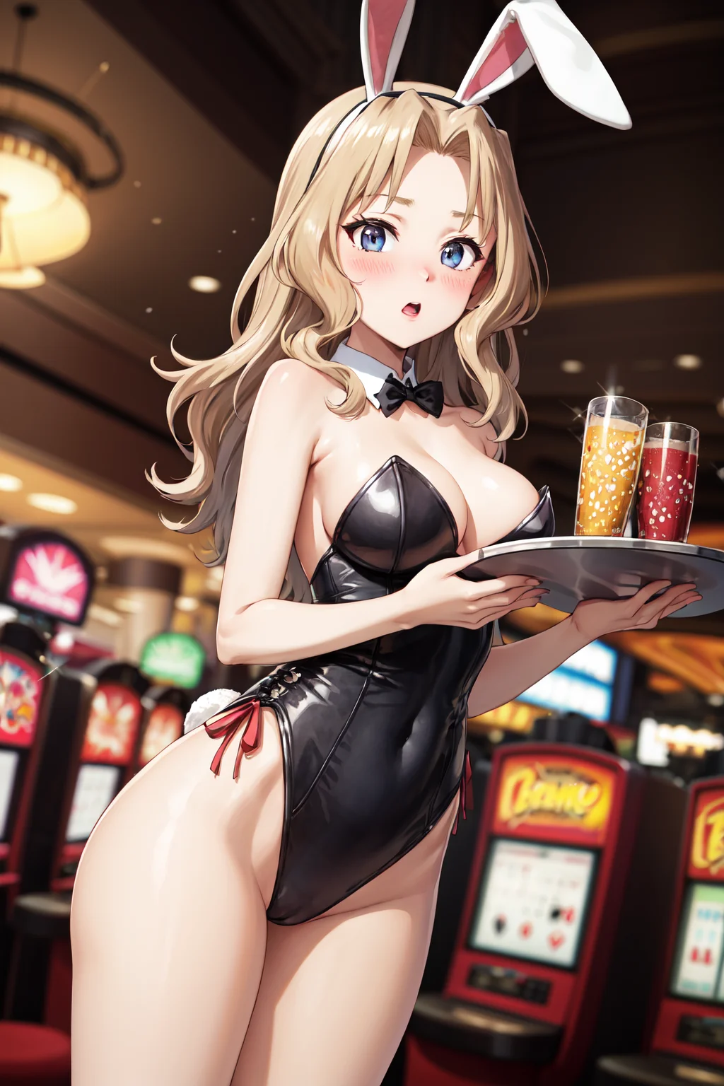 masterpiece,best quality,highres,ultra-detailed,aakay,long hair,<lora:kay:0.8>,rabbit ears,playboy bunny,casino,holding tray,embarrassed,blush,standing,