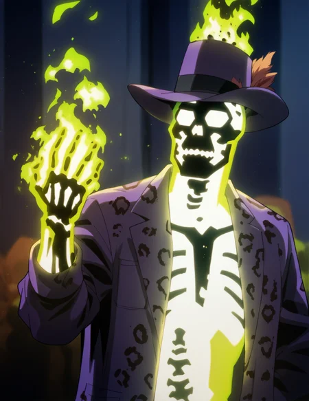 glowing, shirtless, dark skeleton, green fire,solo, hat, purple coat with leopard print, night background, solo <lora:Dr._Phosporus:1> drphosporus, score_9, score_8_up, score_7_up, score_6_up, 2d, digital art, masterpiece <lora:Expressive_H:0.4> expressiveh <lora:princess_xl_v2:0.3> <lora:g0th1c2XLP:0.3> g0th1c