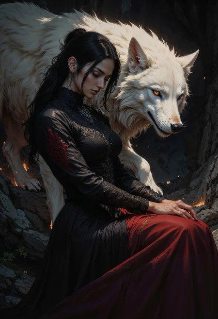 a digital painting in a dark, mystical fantasy style. The central figure is a young woman with pale skin and long, dark hair tied back in a simple ponytail. She wears an elegant, black dress with red accents, which contrasts against the dark, shadowy background. Her dress has a flowing, almost ethereal quality, with intricate details and a high collar that adds a sense of regality. The woman's expression is serene and contemplative, her eyes gazing downward.
Floating beside her is a large, majestic white wolf with piercing red eyes, adding a supernatural element to the scene. The wolf's fur is depicted in soft, wispy strokes, giving it a ghostly, almost otherworldly appearance. Its eyes are intense and focused, conveying a sense of wisdom and protection.
The background is dark and shadowy, with subtle hints of light and smoke, enhancing the mystical atmosphere. The overall color palette is dominated by dark hues, with the white of the wolf and the red accents on the woman's dress providing striking contrasts. The texture of the painting is smooth and fluid, with a focus on soft, blended brushstrokes that create a dreamlike, ethereal quality.