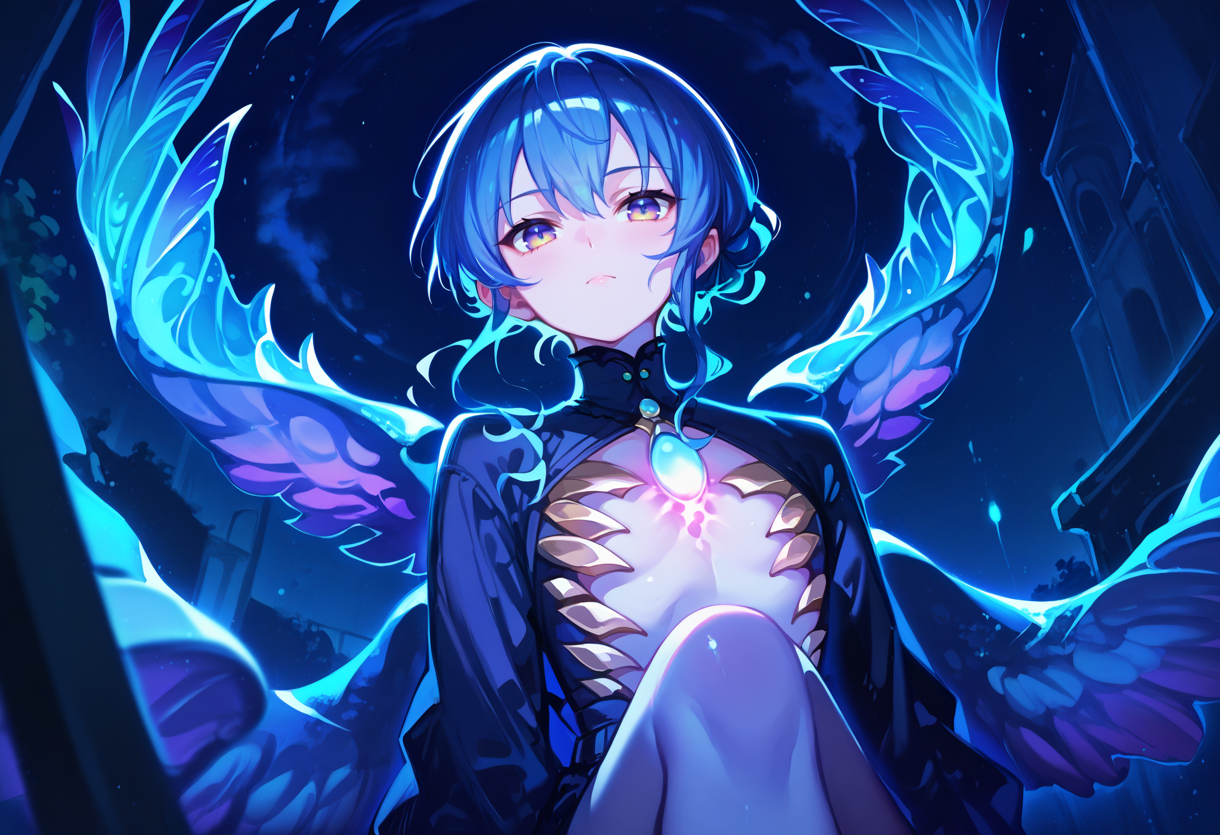 score_9, score_8_up, score_7_up, score_6_up, source anime,
ultraviolet, bioluminescence, 1girl, seraph, feathered wings, multiple wings, solo, glowing skin, backlighting, looking at viewer, blue hair, colored skin,
lanr, upper body, glowing chest, from below, legs up,
outdoors, night, night sky,
<lora:ultraviolet_raver_reg_v10:0.8>
<lora:bioluminescence_monmusu_v15:0.5>
<lora:naip33:0.4>