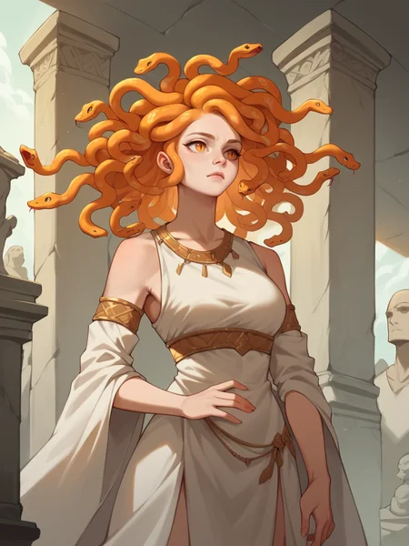 score_9, score_8_up, score_7_up, score_6_up, score_5_up, score_4_up,  <lora:sn4k3h41rXLP:0.7> 1girl, sn4k3h41r, snake hair, cowboy shot, stone statue, orange hair,