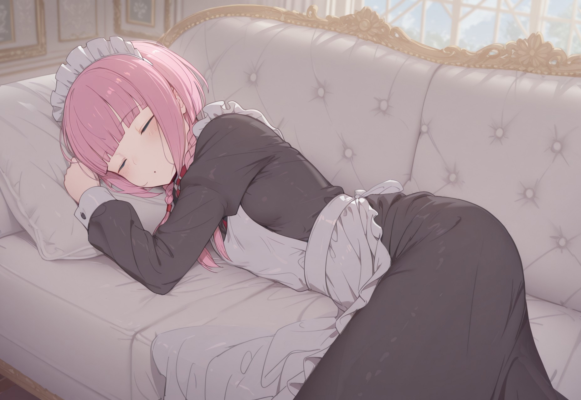 safe_pos, masterpiece, best quality, mdfan, (((1girl))), solo, 

((kaf \(kamitsubaki studio\), pink hair, long hair, blunt bangs, sidelocks, low twin braids, small breasts, maid outfit, black dress, long skirt, apron))

dynamic pose, cowboy shot, blush, lying on white sofa, sleeping, closed eyes, side view,

indoors, mansion background, day time,