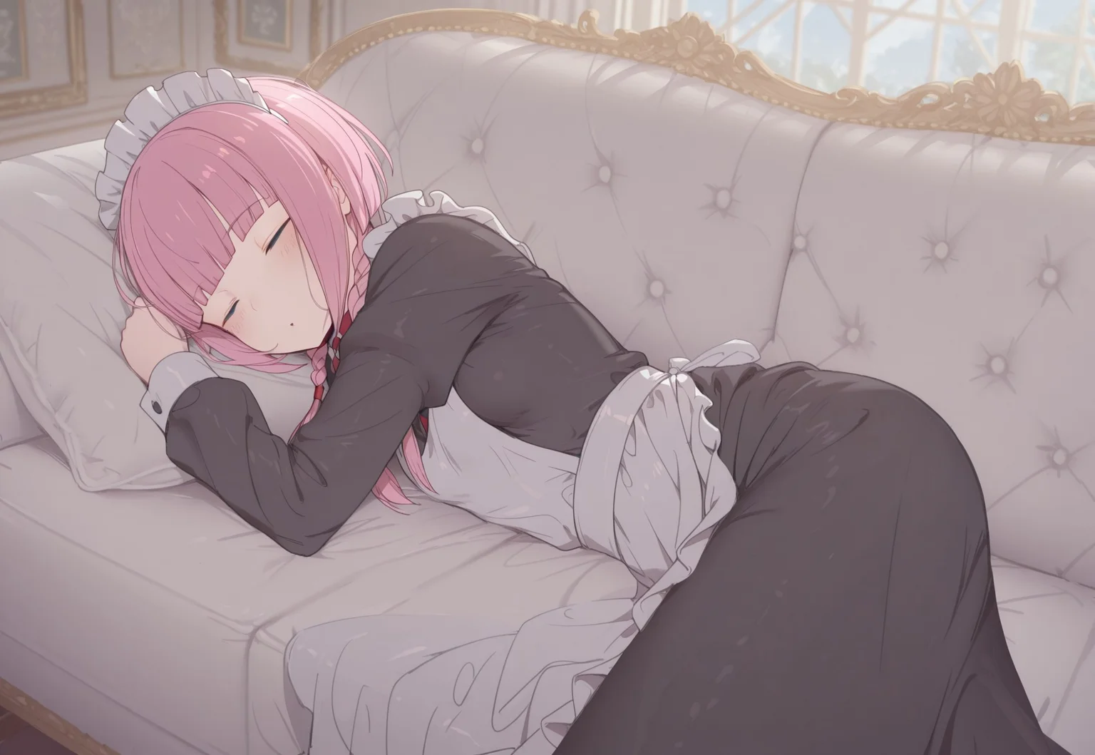 safe_pos, masterpiece, best quality, mdfan, (((1girl))), solo,
((kaf \(kamitsubaki studio\), pink hair, long hair, blunt bangs, sidelocks, low twin braids, small breasts, maid outfit, black dress, long skirt, apron))
dynamic pose, cowboy shot, blush, lying on white sofa, sleeping, closed eyes, side view,
indoors, mansion background, day time,
