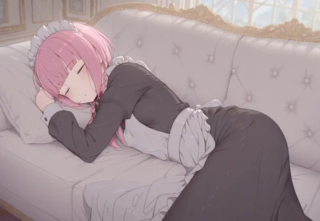 safe_pos, masterpiece, best quality, mdfan, (((1girl))), solo, 

((kaf \(kamitsubaki studio\), pink hair, long hair, blunt bangs, sidelocks, low twin braids, small breasts, maid outfit, black dress, long skirt, apron))

dynamic pose, cowboy shot, blush, lying on white sofa, sleeping, closed eyes, side view,

indoors, mansion background, day time,