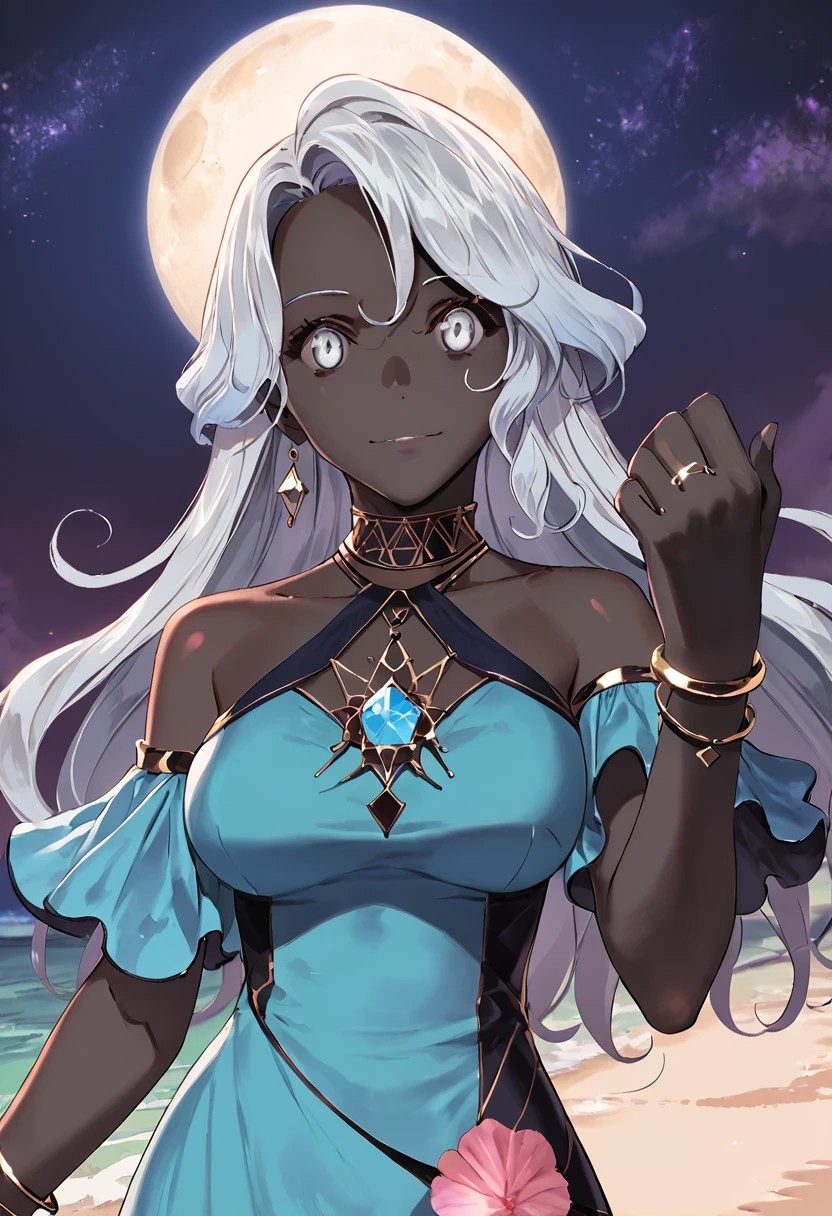 score_9, score_8_up, score_7_up,
detailed background, detailed face, detailed clothing, source_anime, ocean, outdoors, (dark background, moon, night sky, moonlight:1.3),
BREAK
1girl, (black skin:1.3), warm smile, joyful expression, glowing eyes, looking at viewer, (light blue hair, silver hair, multicolored hair:1.3), sitting, wavy hair, long hair:1.3, grey eyes, large breasts, (silver bracelet, silver rings:1.3), seashell motif, (mature woman:1.3), portrait, astrology vibes, geometric pattern, (blue royal dress:1.3), creative front angle, solo, (bare shoulders:1.3), upper body focus, cute, pretty face, blue dress, dynamic pose, hand out of frame,