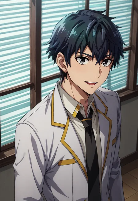 score_9, score_8_up, score_7_up,source_anime,BREAK, rating_safe, intricate details , , , official style, amazing quality, depth of field,1boy, solo, male focus , , , <lora:Herrman:0.80>, desir herrman,black hair,multicolored hair,black eyes,short hair,looking at viewer,school uniform,shirt,jacket,smile,mouth open,long sleeves, white shirt,white jacket, necktie,collared shirt,black necktie, pillarboxed,window blinds,from above , , ,  <lora:sdxl_lightning_8step_lora_315544:1>
