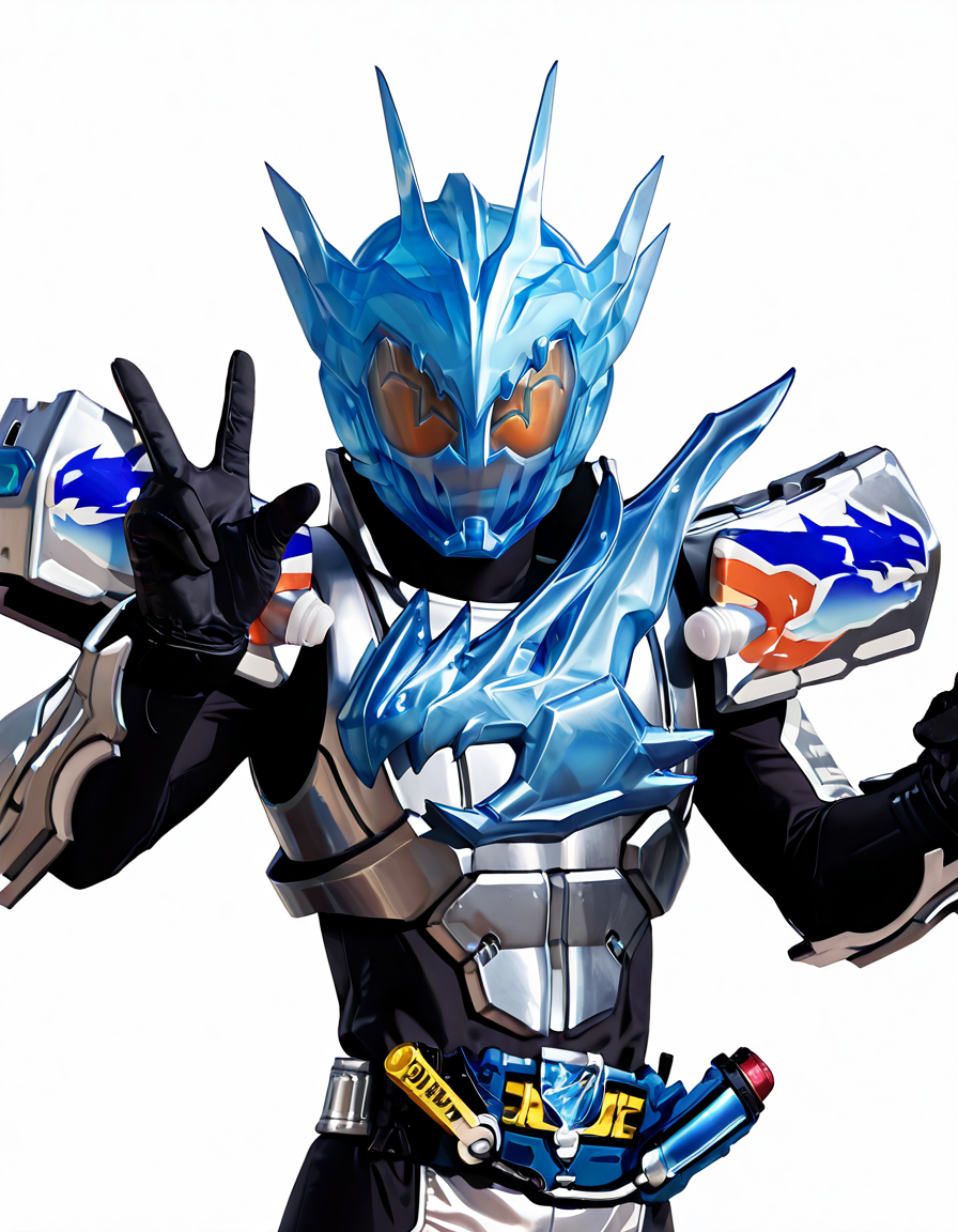 zigou masterpiece, best quality, amazing quality, very aesthetic, absurdres, selfie of KRCRSSCHARGE, looking at viewer, robot, solo, KCHRGSS helmet, KCHRGSS armor, KCHRGSS bodysuit, KCHRGSS belt, KCHRGSS holster, KCHRGSS gloves, peace sign, white background zigou <lora:zigouILL:1> <lora:Kamen_Rider_Build_-_Masked_Rider_Build_ä»®é¢ã©ã¤ãã¼ãã«ã_16_in_1_v2:1>