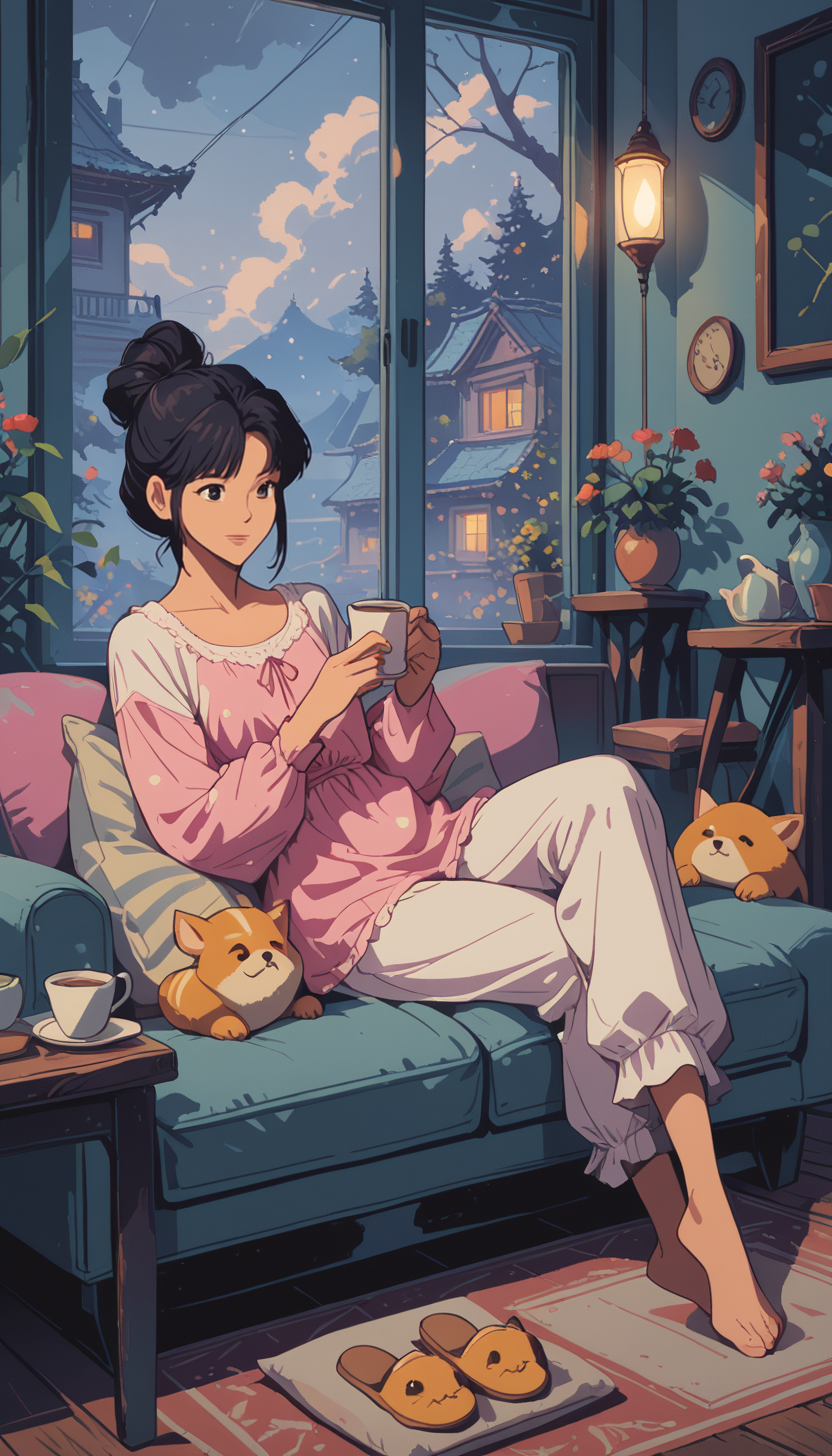 masterpiece, Shinkaistyle, STYLE_PONYXL_guweiz_ownwaifu,
pinkretroanime, retro art,
Cyberpunk Style, cyberpunk, science fiction, hi tech, future tech, neon, (Cybernetics:1.25), (Neon Cityscape:1.4), (lineless:1.5), smooth edges, (lighten the face:1.5), tall body, slender body, fit body, long legs, The image portrays a tranquil scene in what appears to be a cozy Japanese cottage during a rainy evening. A young woman, who is the central figure, is seated on a couch with her legs crossed and a warm smile on her face as she engages with her phone. She's wearing comfortable pajamas, suggesting a relaxed, home environment. Her hair is neatly tied back, and she has a contented expression on her face. To the right of the woman, there's a pet cat lying comfortably on a cushion near a window adorned with a white curtain, perhaps enjoying the soft light filtering through. On the coffee table in front of the couch, there are a couple of cups and a small bowl, which might contain snacks for her relaxation session. In the background, another person can be seen sitting at a dining table, engrossed in their own activity, contributing to the overall atmosphere of quiet domesticity. The room is filled with warm, ambient lighting that casts soft shadows and creates a peaceful ambiance. The outside setting shows a typical Japanese house with wooden walls and a tiled roof. The weather outside is overcast with rain, hinting at the evening setting and adding to the cozy atmosphere of the scene., 1girl, solo, long hair, smile, short hair, bangs, shirt, black hair, long sleeves, holding, sitting, closed mouth, collarbone, full body, white shirt, flower, sidelocks, outdoors, frills, food, sky, shoes, barefoot, pants, cloud, indoors, blunt bangs, hair bun, black eyes, tree, cup, sketch, pillow, book, window, night, fruit, shadow, animal, chair, looking away, expressionless, phone, floral print, stuffed toy, table, single hair bun, cat, crossed legs, stuffed animal, cloudy sky, cellphone, polka dot, plant, curtains, red flower, building, steam, night sky, scenery, couch, holding cup, smartphone, snow, plate, drinking glass, rain, teacup, holding phone, cake, bowl, dog, pajamas, lantern, wooden floor, mug, city, white pants, clock, reading, potted plant, lamp, teapot, slippers, on couch, architecture, house, wide shot, bread, cushion, saucer, nightgown, bare tree, vase, coffee mug, armchair, flats, carpet, flower pot, restaurant, balcony, rug, looking at phone, shiba inu, wooden table, looking outside, polka dot shirt, puppy, print mug, animal slippers