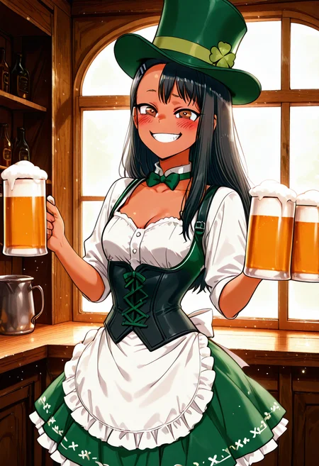 masterpiece, best quality, eyelashes, (beautiful eyes), zzNagatoroCitron, looking at viewer, blush, smile, shirt, hat, dress, bow, holding, cleavage, standing, collarbone, white shirt, short sleeves, cowboy shot, small breasts, frills, fang, indoors, bowtie, grin, apron, cup, window, detached collar, frilled dress, frilled skirt, green skirt, waist apron, white apron, holding cup, light particles, green bow, alcohol, frilled apron, mug, green headwear, underbust, waitress, beer, beer mug, green bowtie, clover, earclip, german clothes, dirndl, bodice ,<lora:NagatoroShamrock_IXL:1.0>,