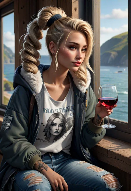 gorgeous young Swiss woman sitting by window with glass of wine , wearing with a (Distressed boyfriend jeans paired with an oversized graphic hoodie featuring tattoo artwork and layered with a faux fur-lined parka), mega twintails, soft lips, beach blonde hair, octane render, unreal engine, photograph, realistic skin texture, photorealistic, hyper realism, highly detailed, 85mm portrait photography, award winning, hard rim lighting photography, Movie concept art, trending on ArtStation, ultra-detailed realism, cinematic composition