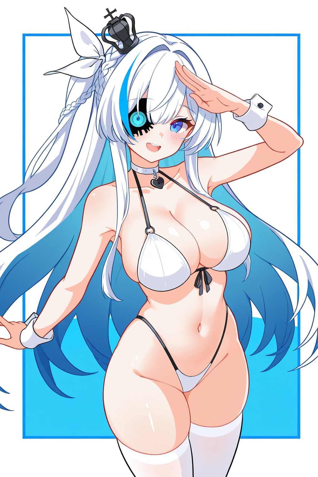 highleg_bikini,wrist_cuffs,blue_hair,solo,blush,londom_\(lonhomewell\),tb_\(azur_lane\),highleg,open_mouth,one_side_up,bare_shoulders,multicolored_hair,white_ribbon,looking_at_viewer,groin,azur_lane,tb_\(type-s\)_\(azur_lane\),absurdres,two-tone_background,long_hair,breasts,thighs,white_bikini,streaked_hair,ribbon,highres,armpits,crown_braid,heart_collar,navel,two-tone_hair,hair_ribbon,large_breasts,siren_\(azur_lane\),blue_eyes,braid,collarbone,arm_up,heart,white_wrist_cuffs,smile,bikini,swimsuit,thighhighs,choker,white_thighhighs,white_choker,1girl,salute,white_hair,stomach,hair_over_one_eye