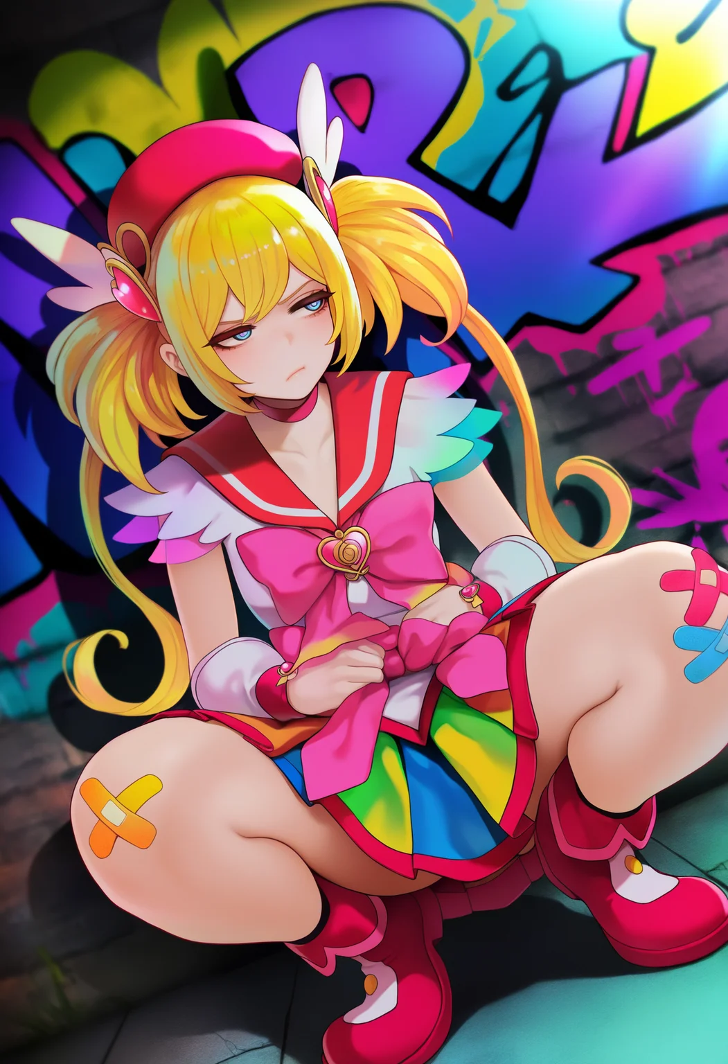 best quality, amazing quality, very aesthetic, absurdres,
BREAK
1girl, twintails, magical girl, red sailor outfit, colorful, graffiti, bored, slouching, squatting, legs apart, bandaid on knee, [refraction|caustics|rim lights|backlighting|bloom],     <lora:Magion02NoobLocon_byKonan:1>
