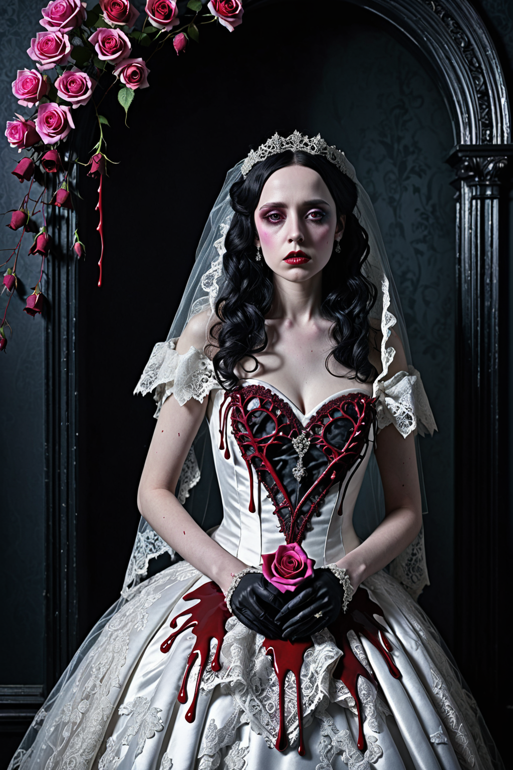 digital photography, Halloween, Valentine's Day, gothic Victorian mansion, cobwebs, heart-shaped lace, romantic sonnets, roses, blood-red, decaying black, thorny vines, bat-winged cupids, candied hearts, ghostly bride, tattered wedding dress, eerie glow, (red neon glow), bloody, blood dripping on dress, bleeding hearts, dark, romantic, macabre, Tim Burton, photorealistic, rich colors, dramatic lighting, intricate details, lace, textures, dreamlike, surreal, sad, somber expressions, raven, 8k resolution, pink, red, <lora:add-detail-xl:2>