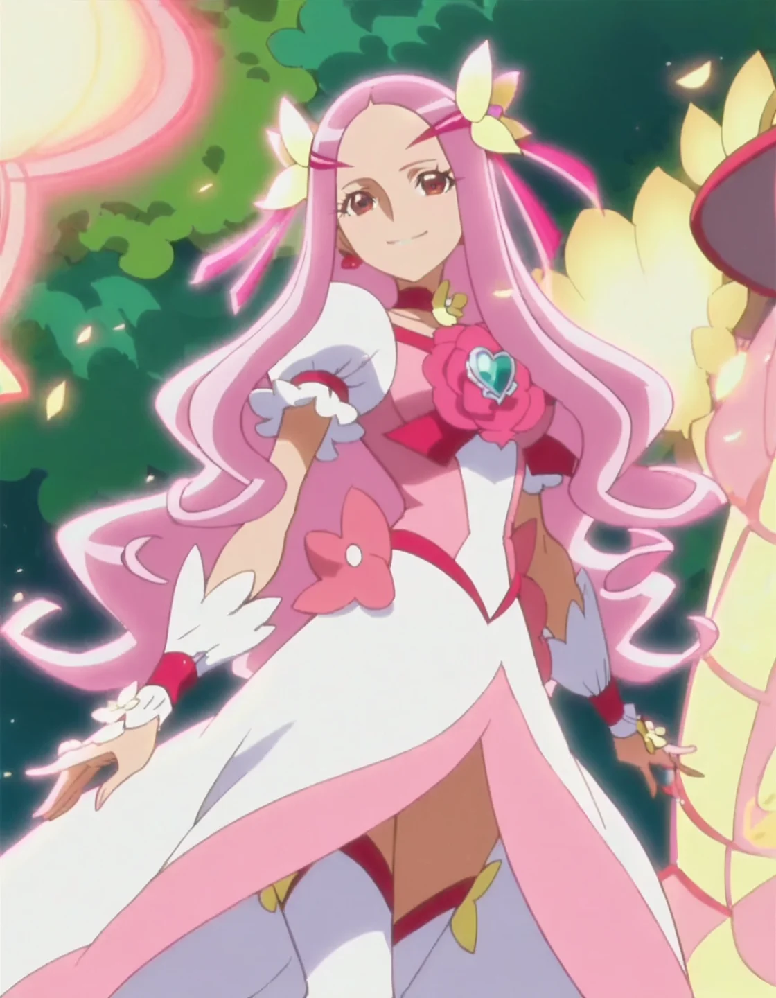 score_9, score_8_up, score_7_up, anime screencap, solo,1girl,cureflower,heart brooch, jewelry, pink choker, thighhighs, hair ornament, wrist cuffs, dress, ribbon, smile,cowboy shot,large breasts<lora:cureflower:0.8>,
