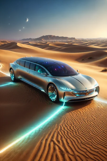morph-aurora, a futuristic limousine with elongated body, luxury finish, solo, solar panels, sleek integration, orbital platform, earth below, floating structures, detailed background, parked in a desert, sand around, holographic markers nearby, environment focus, wide shot, a futuristic cable, glowing softly, connected to the car, best quality, rich colors, realistic style, high detail, high-definition, hyper-realistic, extremely high-resolution details, fine texture, incredibly lifelike, realistic, not fantasy, not anime, not drawing, highres, 4K resolution, source photo, realistic photo, masterpiece, best quality, amazing quality, very aesthetic, ultra-detailed, detailed surfaces, natural metallic tones, soft light, futuristic gold, metallic sheen, warm light, wide shot, <lora:add-detail-xl:1> <lora:aurora_0_100_V1-000009:0.65>