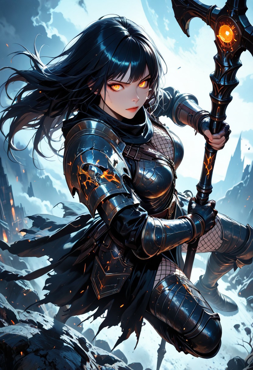 (masterpiece), (best quality), (8k),
11girl, beautiful, breasts, battle scarred, damaged armor, fishnets under armor, bangs, long hair, plated armour, holding staff, battle stance, dynamic angle, ancient fantasy city, battle-ready stance, dynamic pose, at night, moonlight, riding a nimbus cloud, nimbus, wukong theme, directional lighting, viewed from above,
beautiful eyes, detailed eyes, perfect eyes, orange eyes, beautiful eyes, looking at viewer, 
extreme foreshortening,