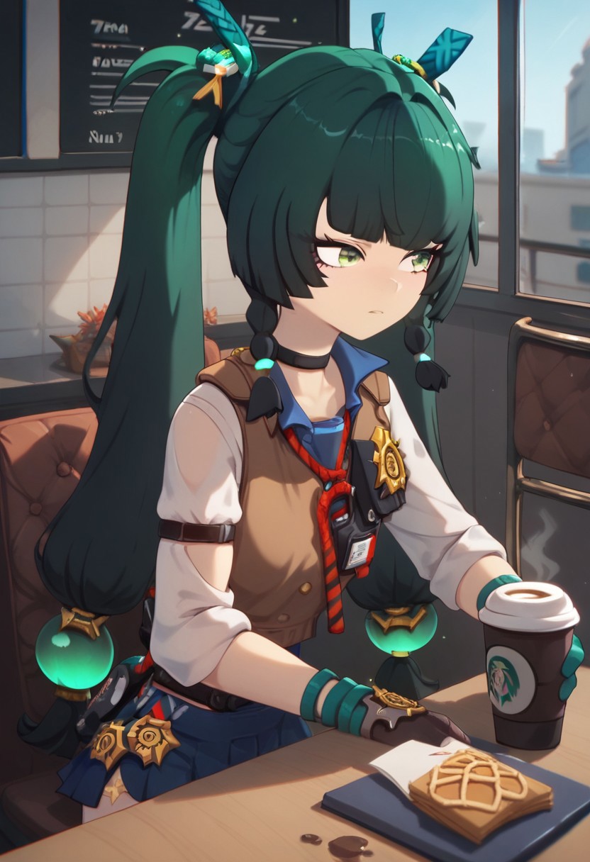 score_9, score_8_up, score_7_up, professional anime,1girl,female,solo,(qingyi from Zenless Zone Zero),zenless,shiny skin, <lora:qingyi.pony:0.7>, qingyi,school uniform,mini skirt,short 1girl,petite 1female,short 1girl,short 1female,age regression,perfect body,beutiful body,setting on a chair,coffee on table,coffee shop