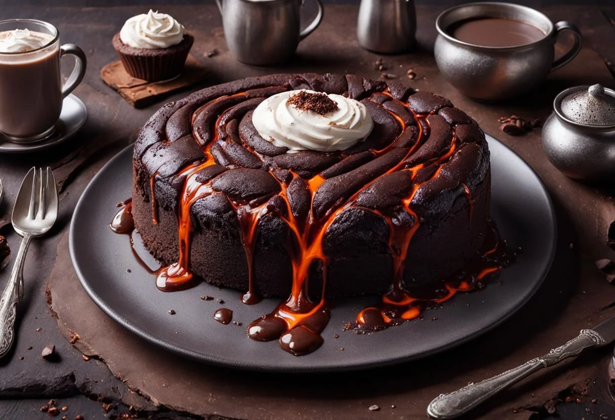 molten ral-lava chocolate cake on a fine table with hot chocolate and silver cutlery
