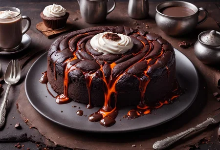 molten ral-lava chocolate cake on a fine table with hot chocolate and silver cutlery