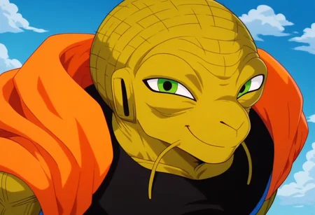 score_9, score_8_up, score_7_up, 1boy, solo, (style of akira toriyama), Expressiveh, (BabidiDBZ, alien, green eyes, dark yellow body, dark yellow skin, orange cape, blue gown, black chest piece, closed mouth, smile), close-up, cowboy shot, hands behind back, looking at viewer, sky, clouds, simple background, 4k, masterpiece, best quality, highly detailed, realistic
