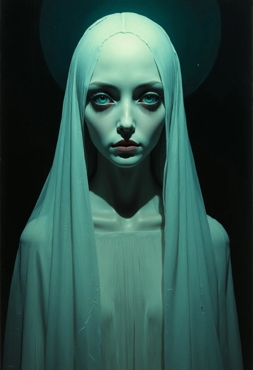 the darkest and longest night of the year. Full length view. Ghost, porcelain face, big turquoise eyes, perfect eyes, top quality style by Ralph Blakelock, Ed Emshwiller, Marianne Wroten, Arthur Rackham, Niko Anttila. Beautiful cinematic impressionistic painting in the style of Jeremy Mann and Charles Dana Gibson, Mark Demsteader, Paul Hedley + concept art, Spring, Very beautiful, gouache, cinematic, calligraphic. lines. Dark, creepy, mysterious, modern vintage, rich deep colors, boho style, beautiful patterns, fashion style illustrations. hyperrealistic photography, --niji 5 --ar 2:3 --expressive style --v 5