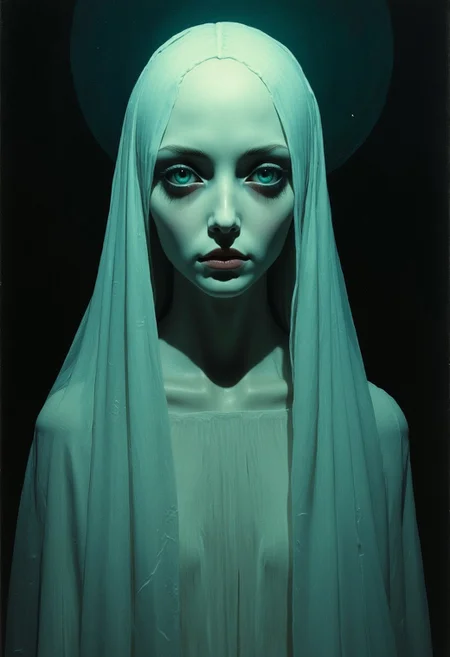 the darkest and longest night of the year. Full length view. Ghost, porcelain face, big turquoise eyes, perfect eyes, top quality style by Ralph Blakelock, Ed Emshwiller, Marianne Wroten, Arthur Rackham, Niko Anttila. Beautiful cinematic impressionistic painting in the style of Jeremy Mann and Charles Dana Gibson, Mark Demsteader, Paul Hedley + concept art, Spring, Very beautiful, gouache, cinematic, calligraphic. lines. Dark, creepy, mysterious, modern vintage, rich deep colors, boho style, beautiful patterns, fashion style illustrations. hyperrealistic photography, --niji 5 --ar 2:3 --expressive style --v 5