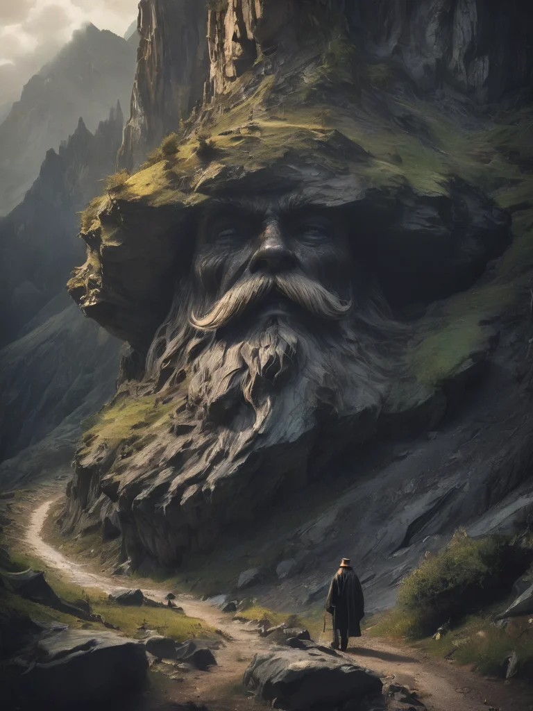 a strange looking mountain that has a chiseled beard and a mustache , deep shadows, (landscape focus:1.1), <lora:- SDXL - brdanmu_ beard_mustache_hair_V2.0:.6>, <lora:- SDXL - letitbrn_let_it_burn_V1.0:0.7>