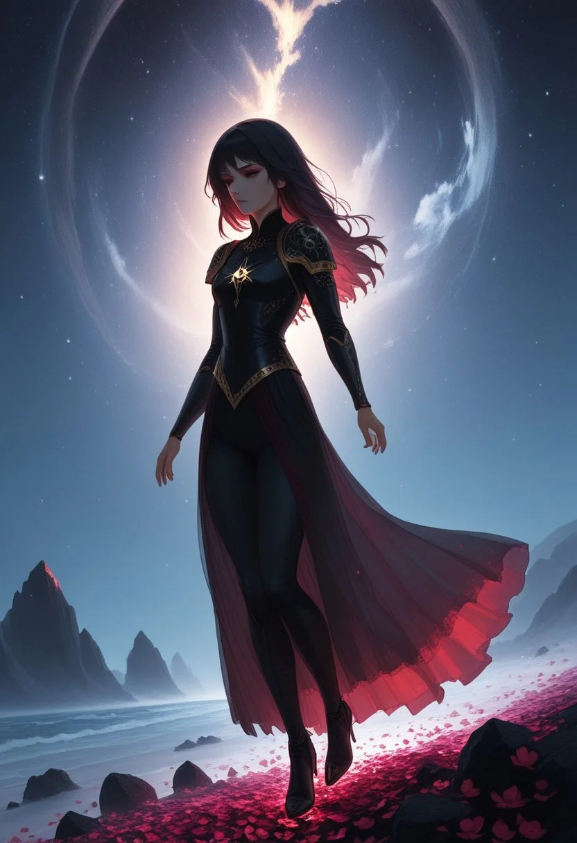 A beautiful woman stands at the edge of a vast, starry void, her form beginning to dissolve into a swirling storm of black, gold, silver, and red rose petals. Her face is serene, almost ethereal, as if she’s accepted her transformation. Her long hair flows gently in an otherworldly breeze, and her eyes, filled with a mix of sadness and wonder, gaze into the infinite cosmos. As the petals break away from her body, they are caught in a cosmic whirlwind, spiraling upward into the darkness. The black petals shimmer faintly, their edges glowing with gold and silver, while the red petals burn like embers, leaving trails of fiery light. The stars around her pulse and twinkle, their light reflecting off the petals and creating a mesmerizing dance of shadows and light. The atmosphere is a perfect blend of melancholy and beauty, capturing the woman’s transition from the physical world to the cosmic unknown. The scene is both haunting and enchanting, as if she’s becoming one with the universe itself." Additional details for refinement: Style: Hyper-realistic or semi-realistic, with a focus on atmospheric lighting and fluid motion. Lighting: Soft, cosmic light with glowing highlights on the petals and stars. Color palette: Deep blacks, shimmering golds and silvers, and fiery reds (petals), with shimmering whites and blues (stars). Mood: Melancholic, mystical, and awe-inspiring, with a sense of transcendence and beauty.