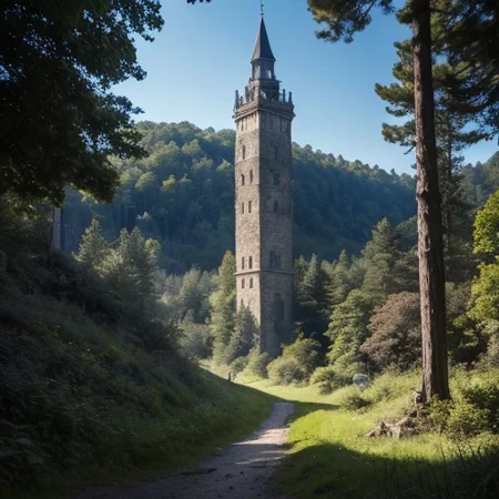 realistic analog photo, award winning photo, vary wide shot of stone witow tower:1.3, no humans, scenery, blue sky, Style-Winter, forest, dirt road, grassland, nature, outdoors, RAW, highres, 8k, uhd, High Dynamic Range, tonemapping, crisp details,