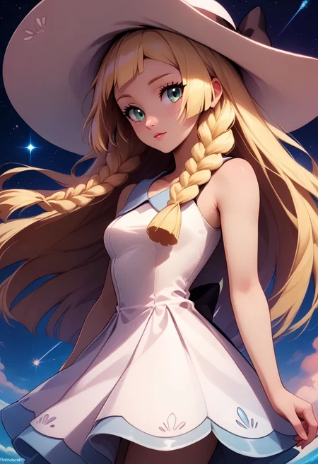 score_9, score_8_up, score_8, medium breasts, (curvy), cute, eyelashes,  rating_safe,
BREAK, 
zzlillie, long hair, braid, sun hat, white headwear, collarbone, sleeveless dress, white dress,
BREAK, 
dynamic angle, stars, floating, colorful, pink, blue eyes, black bow, from side, on back, spaceship, technological,
zPDXL,