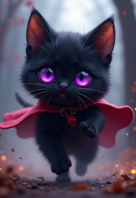Kitty-wor-d&d sly, running away from pursuit. Fluffy, cute, photo style league of legends, hyper-detailing Bright purple innocent eyes, black fur, cape