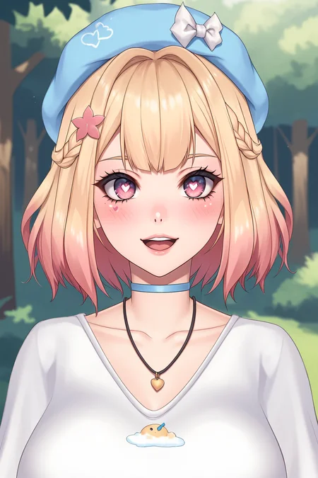 score_9, score_8_up, score_7_up, score_6_up, BREAK, ChromeVTXL, mole under eye, pink eyes, heart-shaped pupils, blonde hair, pink hair, gradient hair, short hair, bangs, braid, hair ornament, blue choker, necklace, rabbit ears, blue headwear, large breasts, white sweater, long sleeves, solo, front view, (portrair, upper body), solo focus, seductive smile, looking at viewer, forest <lora:ChromeVTXL:0.9>