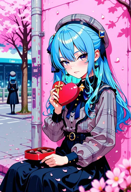 masterpiece, best quality, good quality, very aesthetic, absurdres, newest, 8K, depth of field, focused subject, in the style of cknc, artist:moriimee, in the style of cksc, hrtdrp, Hearts Drips, BREAK
Hoshimachi Suisei (Hololive), classic outfit, holding a heart-shaped box of chocolates, sitting with her back to a wall with anime graffiti under sakura trees, ((falling sakura petals)), outdoors