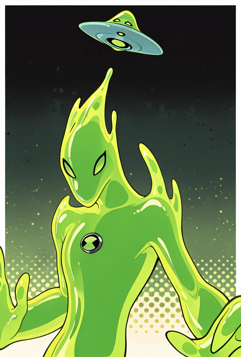 <lora:goop-09:1> goop, solo, no humans, male focus, green skin, pokemon (creature), slime (substance), translucent character, floating small ufo on head, dynamic pose,, masterpiece, best quality, amazing quality, very aesthetic, absurdres, newest,, upper body, halftone effect, white borders, abstract background:1.2,