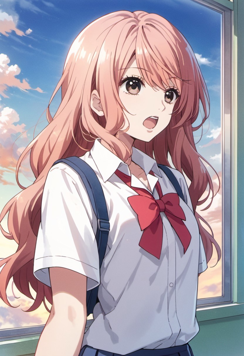 score_9, score_8_up, score_7_up, source_anime, igarashi iroha, light pink hair, long hair, brown eyes, 1girl, solo, open mouth, school uniform, sky, cloud, window, shirt, day, white shirt